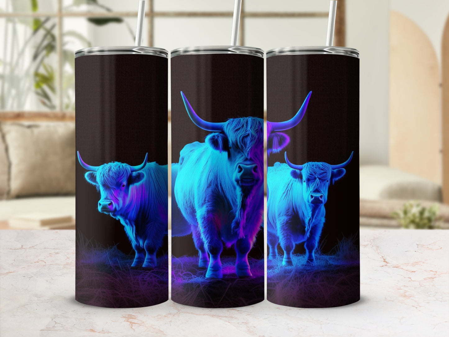 Three Highland cows with neon blue and purple lighting.