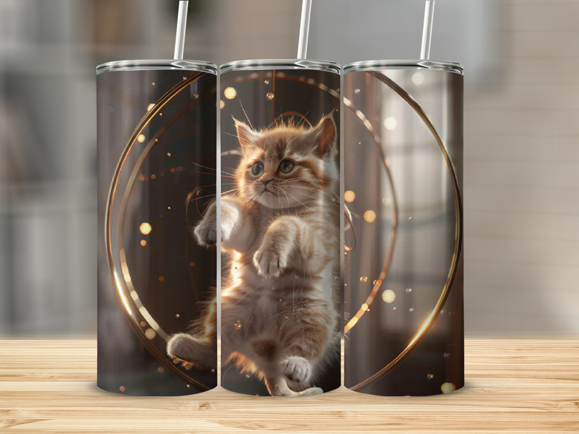 Kitten in a golden circle with bubbles on a tumbler.