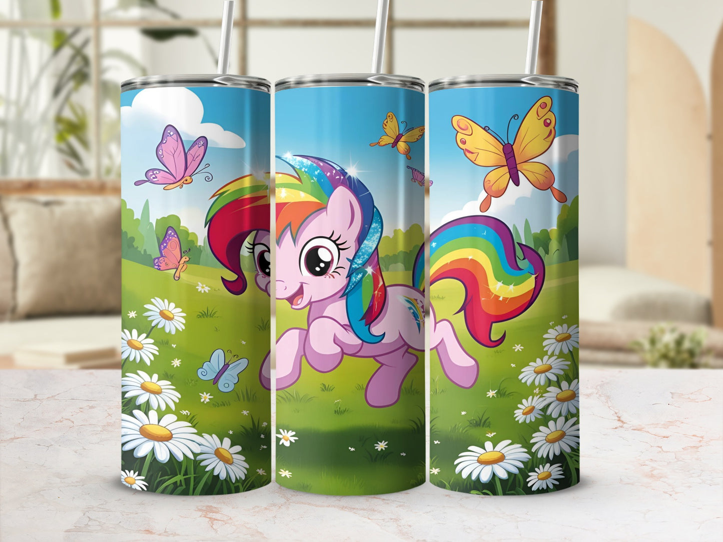 Rainbow Dash from My Little Pony with butterflies and daisies.