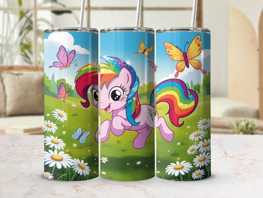 Rainbow Dash from My Little Pony with butterflies and daisies.