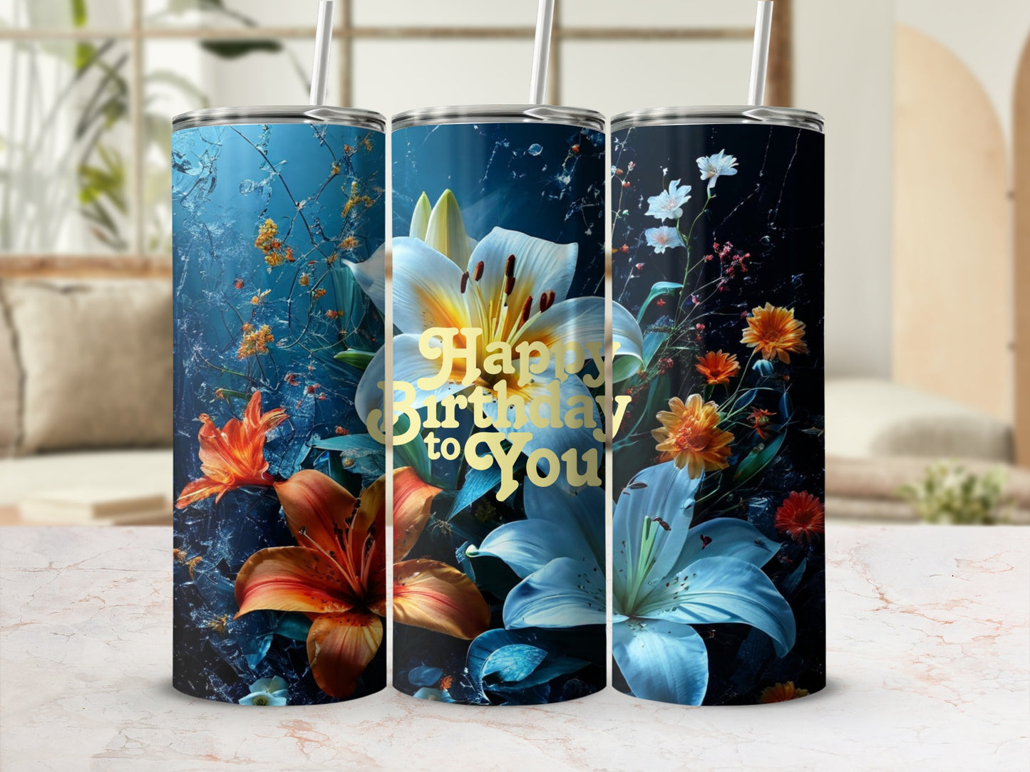Tumbler with "Happy Birthday to You" text and floral designs.