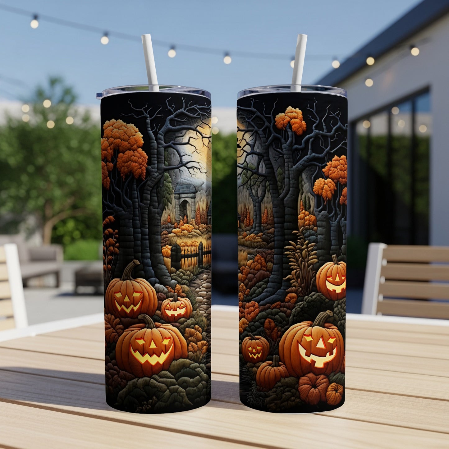 Two tumblers featuring a spooky Halloween forest scene with jack-o'-lanterns.
