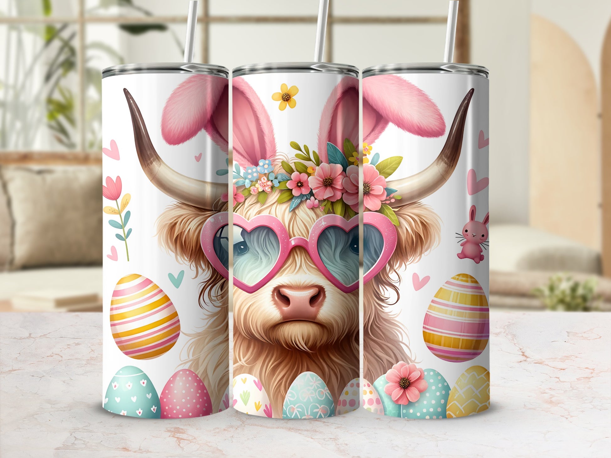 Highland cow with bunny ears and heart sunglasses, surrounded by Easter eggs.