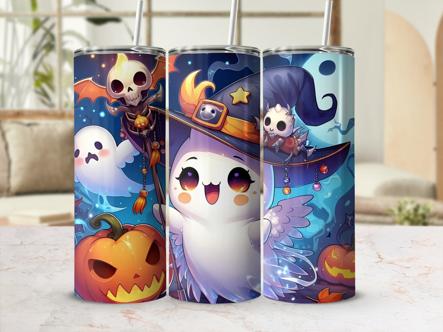 Three Halloween tumblers with ghosts, skulls, pumpkins, and bats on a dark blue background.