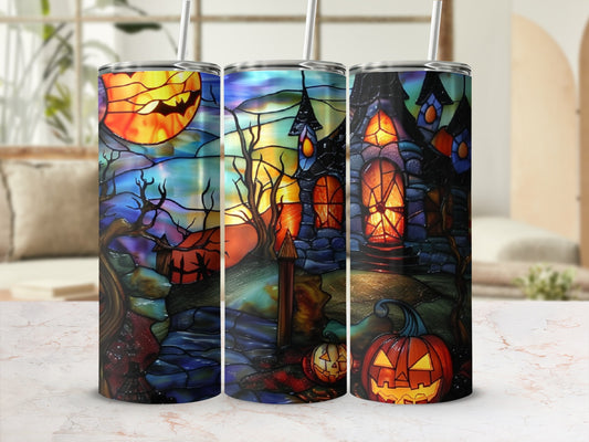 Halloween castle with jack-o'-lanterns and moon, stained glass design.