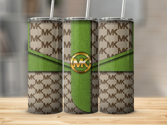 Green Monogram Pattern Tumbler with Gold Logo Design