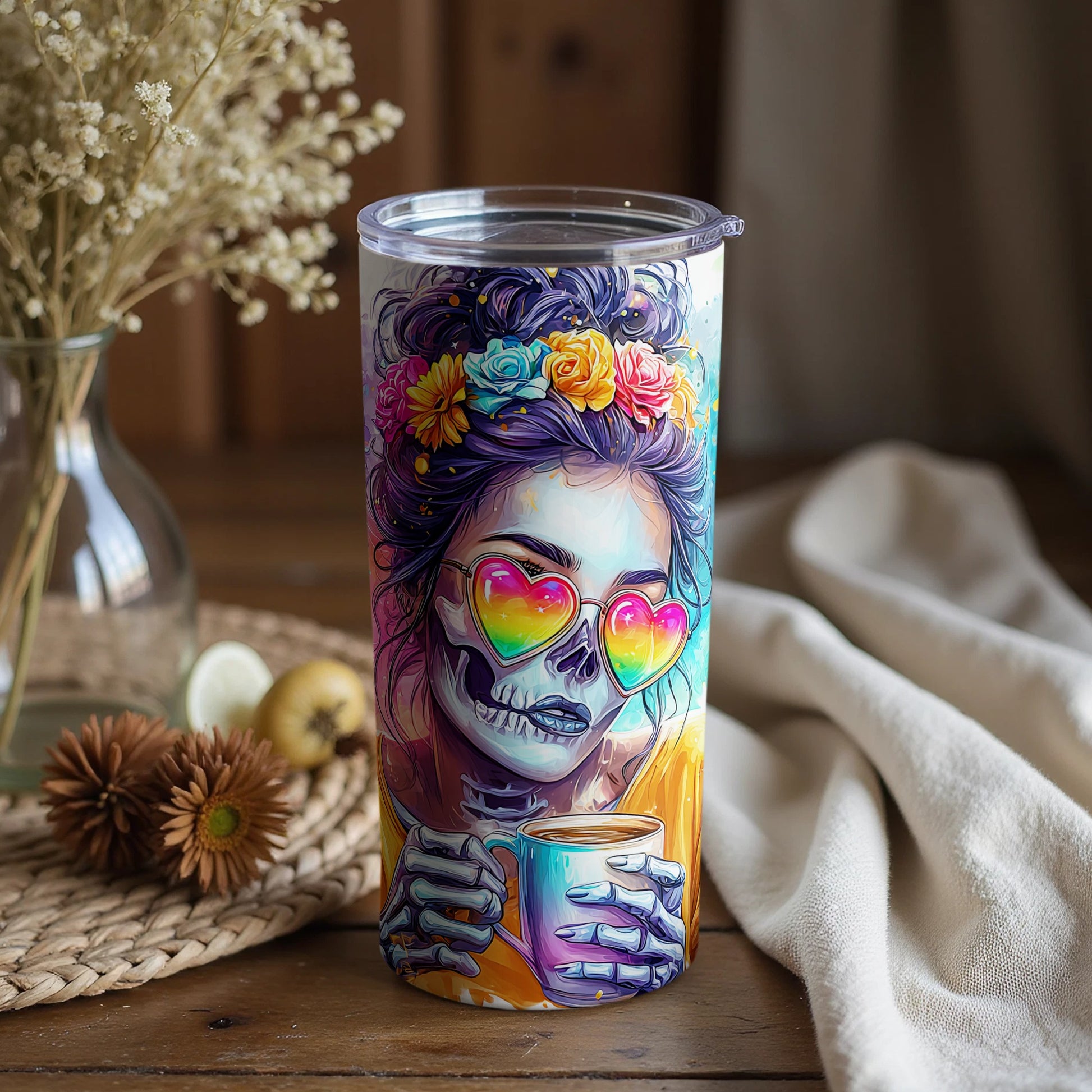 Colorful Floral Skull Tumbler with Heart Glasses