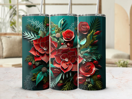 Three tumblers with a red floral and green foliage design.