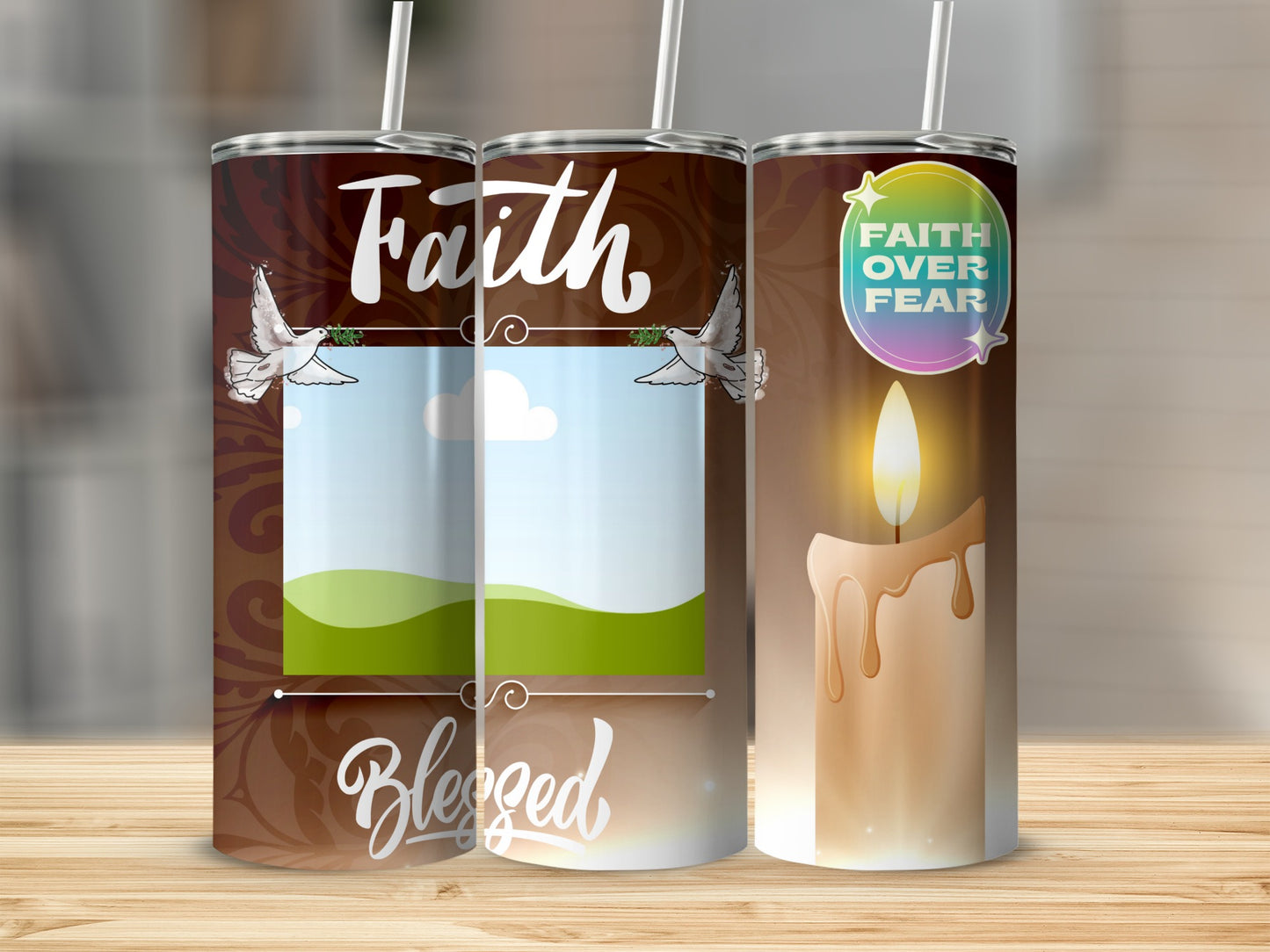 Triptych tumbler design with "Faith" text, doves, and a lit candle with "Faith Over Fear."