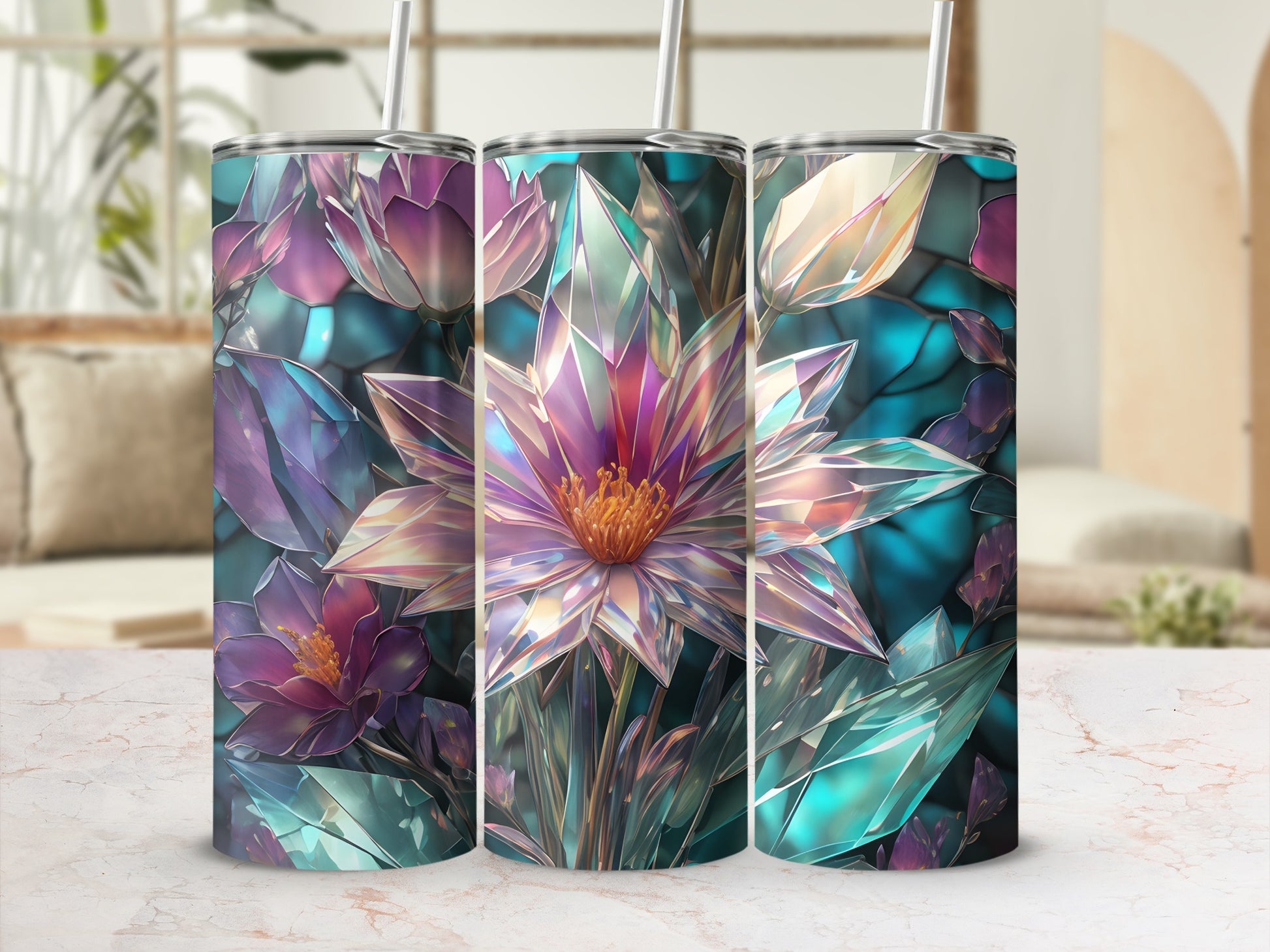 Three tumblers with iridescent crystal flower designs.