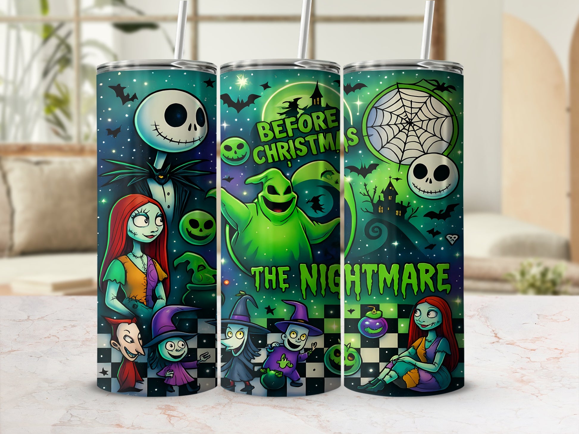 The Nightmare Before Christmas characters on three tall tumblers.