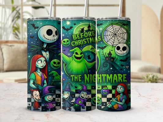 The Nightmare Before Christmas characters on three tall tumblers.