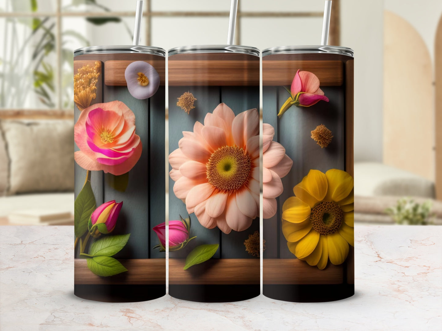 Floral Garden Design Printed Tumbler with Straw