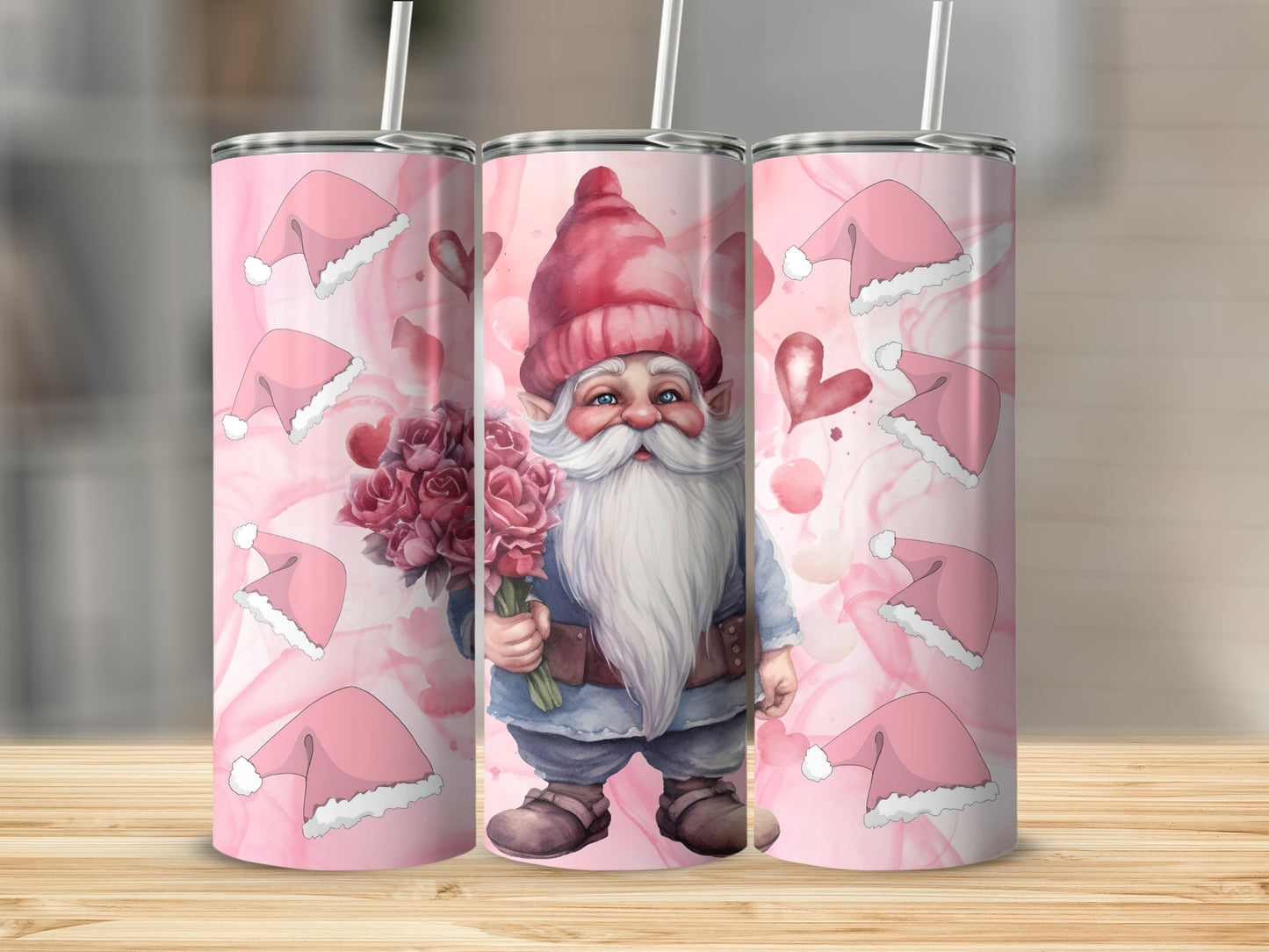 Pink Valentine's Gnome Theme Tumbler with Straw