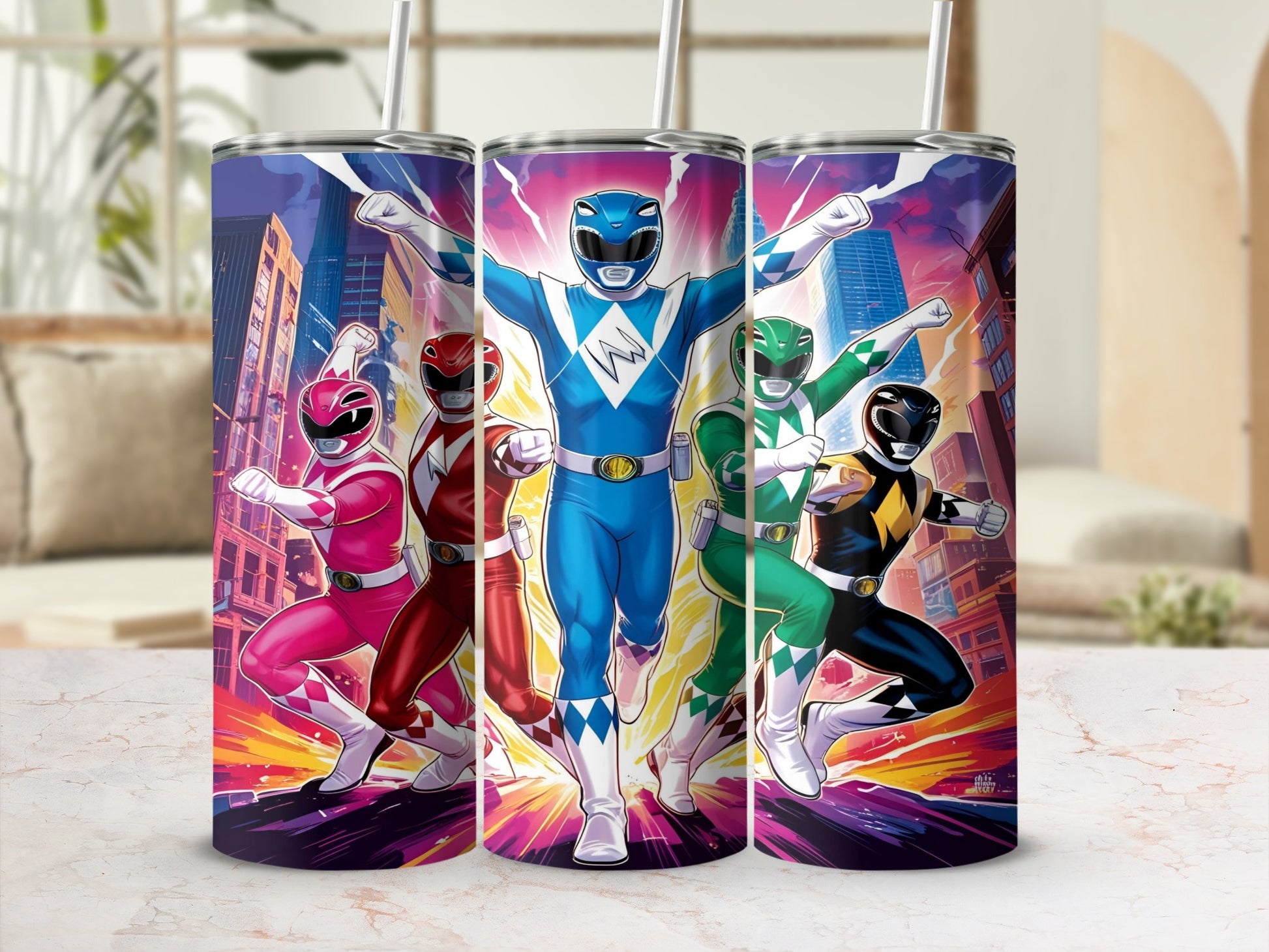 Power Rangers in colorful costumes standing in a city.