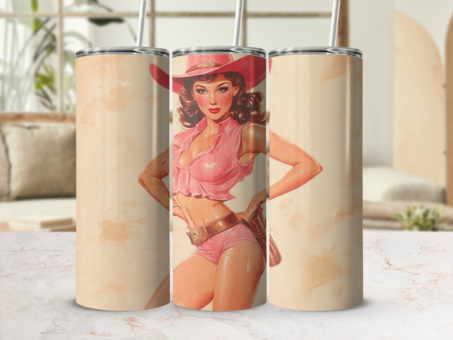 Cowgirl in pink outfit with hat and holster, on a faded vintage background.