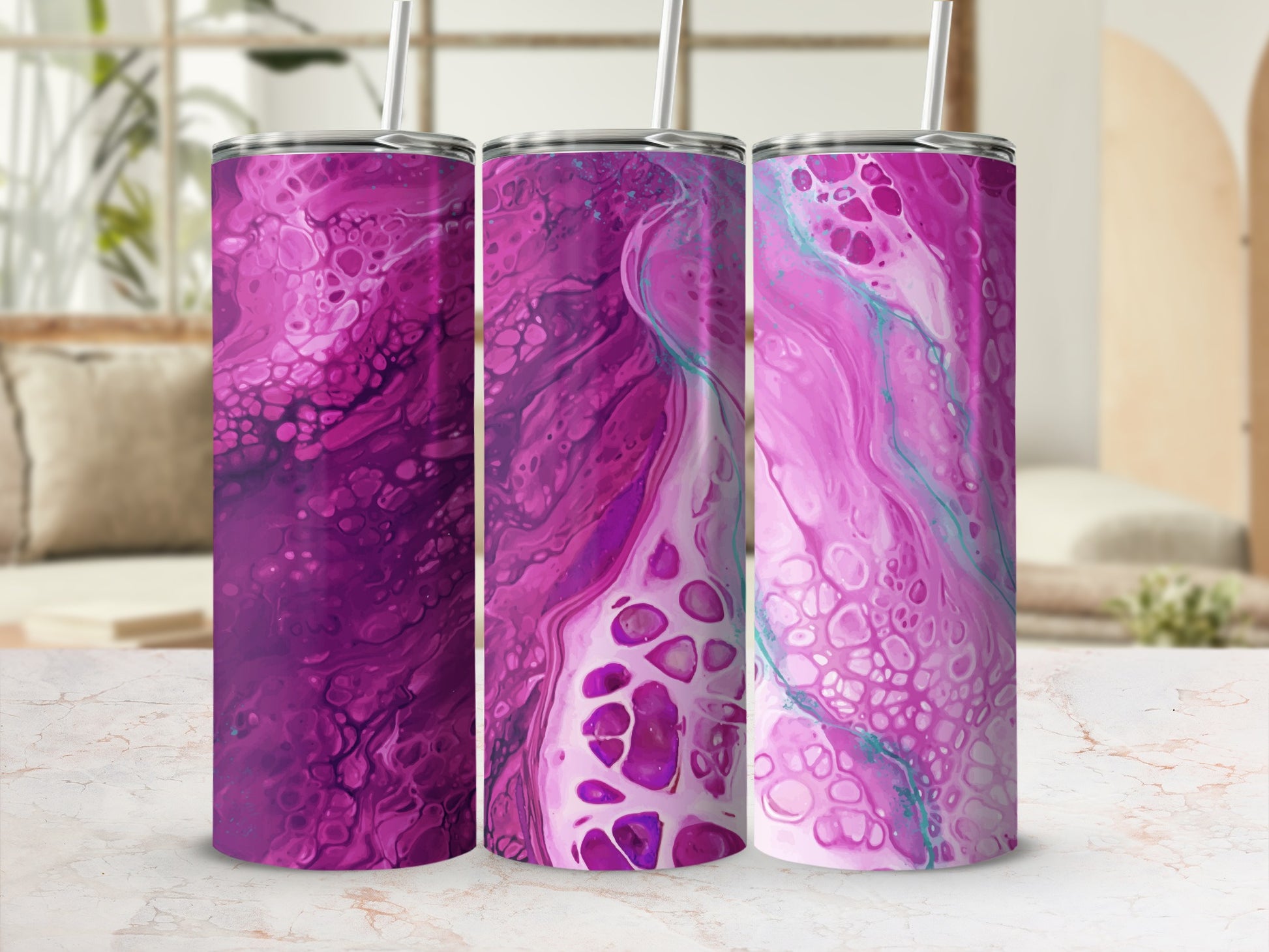 Three tumblers with abstract purple, pink, and turquoise fluid art designs.