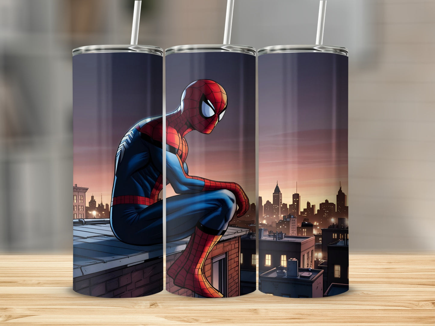 Spider-Man sits on a rooftop overlooking a city at dusk.