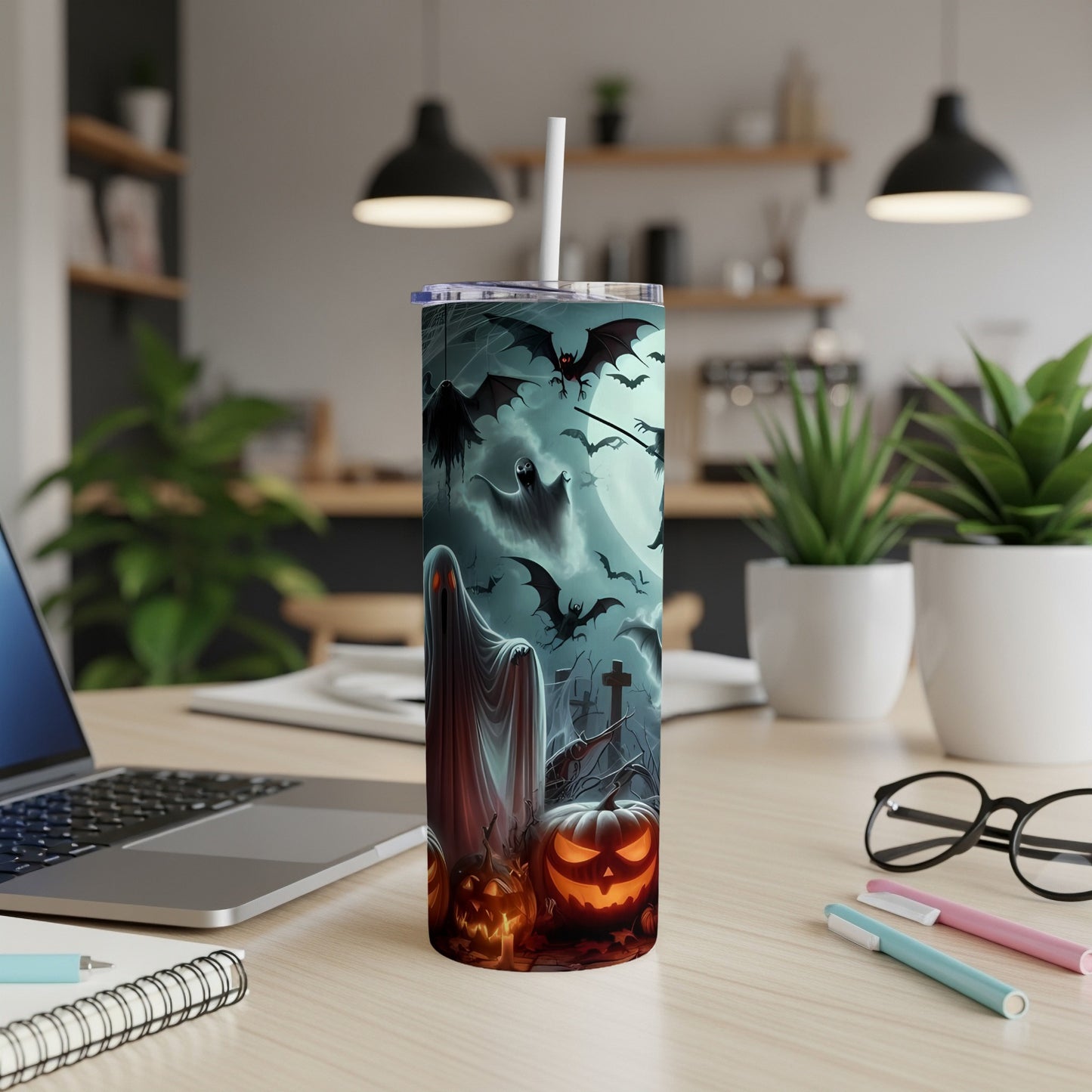 Halloween tumbler featuring ghosts, bats, pumpkins, and a graveyard under a full moon.