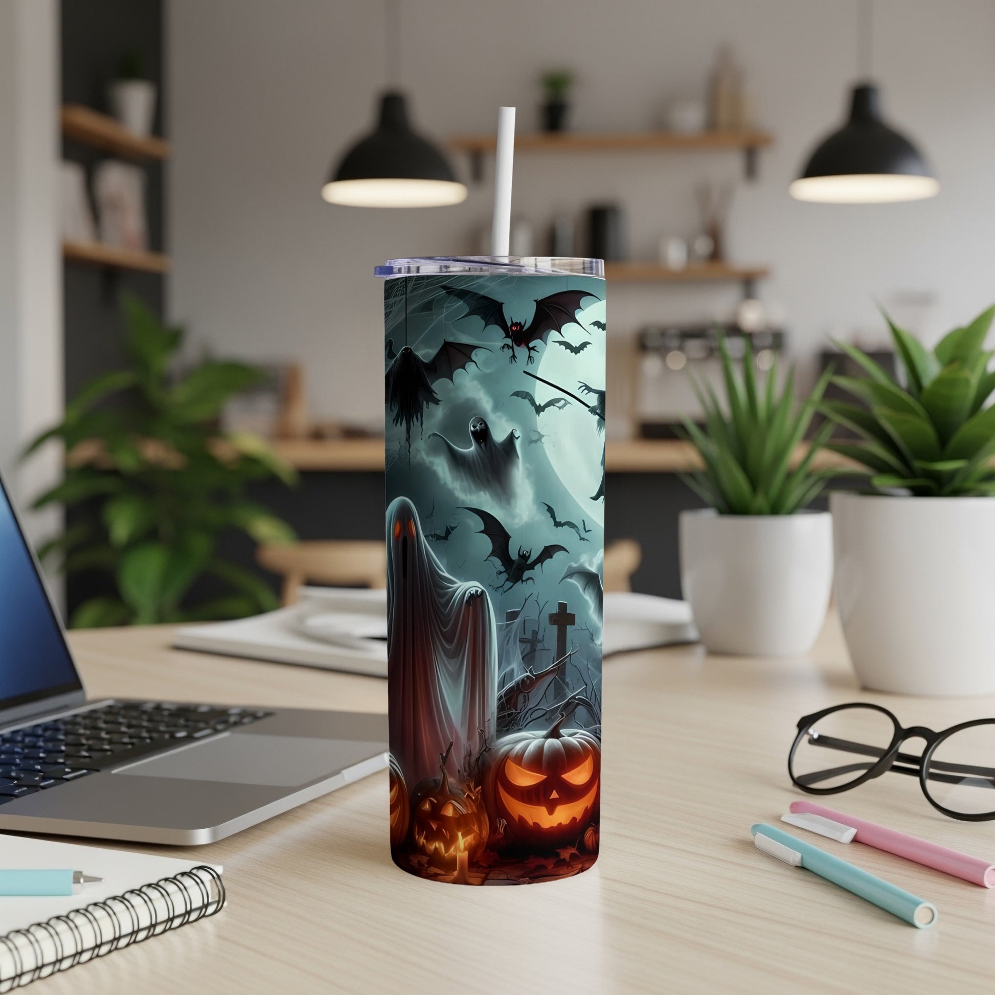 Halloween tumbler featuring ghosts, bats, pumpkins, and a graveyard under a full moon.