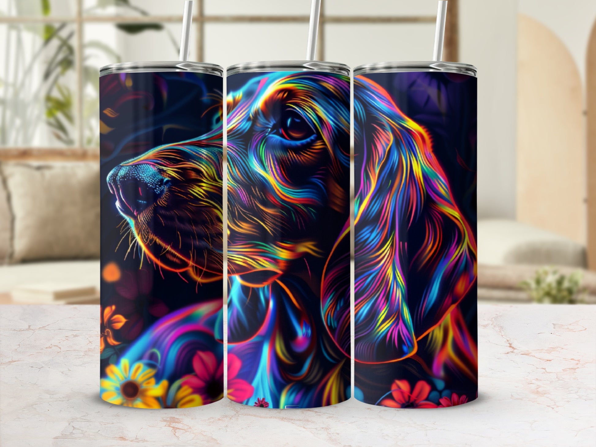 Colorful abstract dog portrait on a dark background with floral accents.