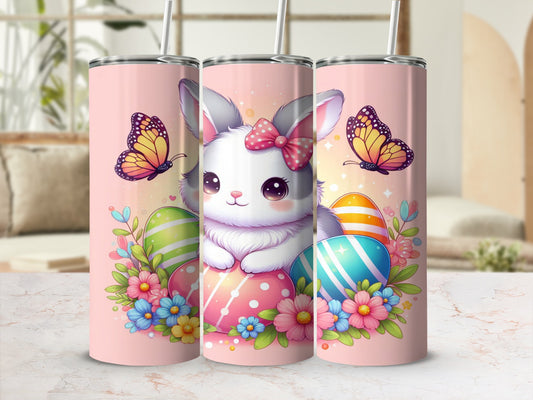 Easter bunny with butterflies and colorful eggs on a pink background.