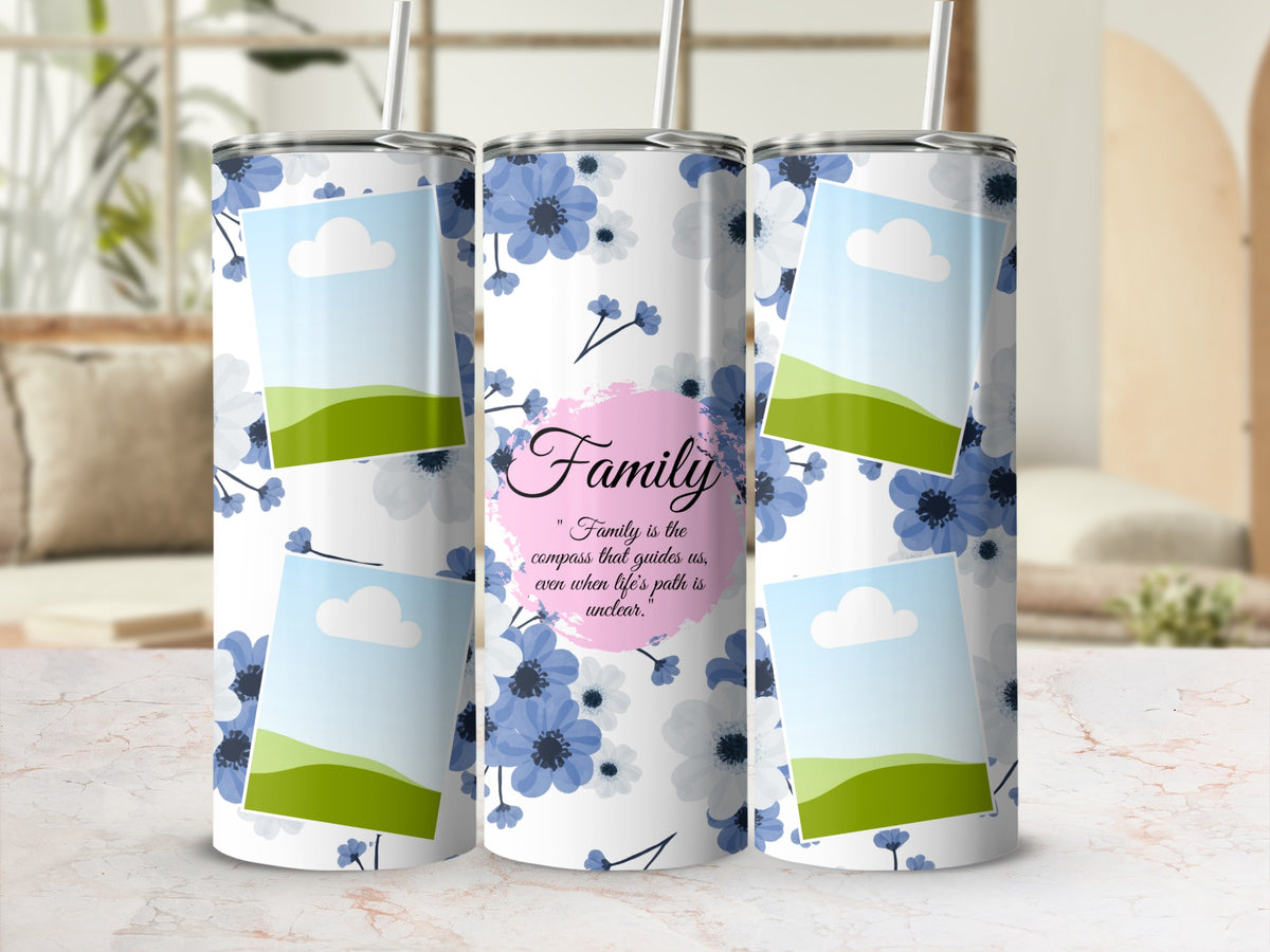 Three tumblers with blue floral patterns and framed landscape photos.