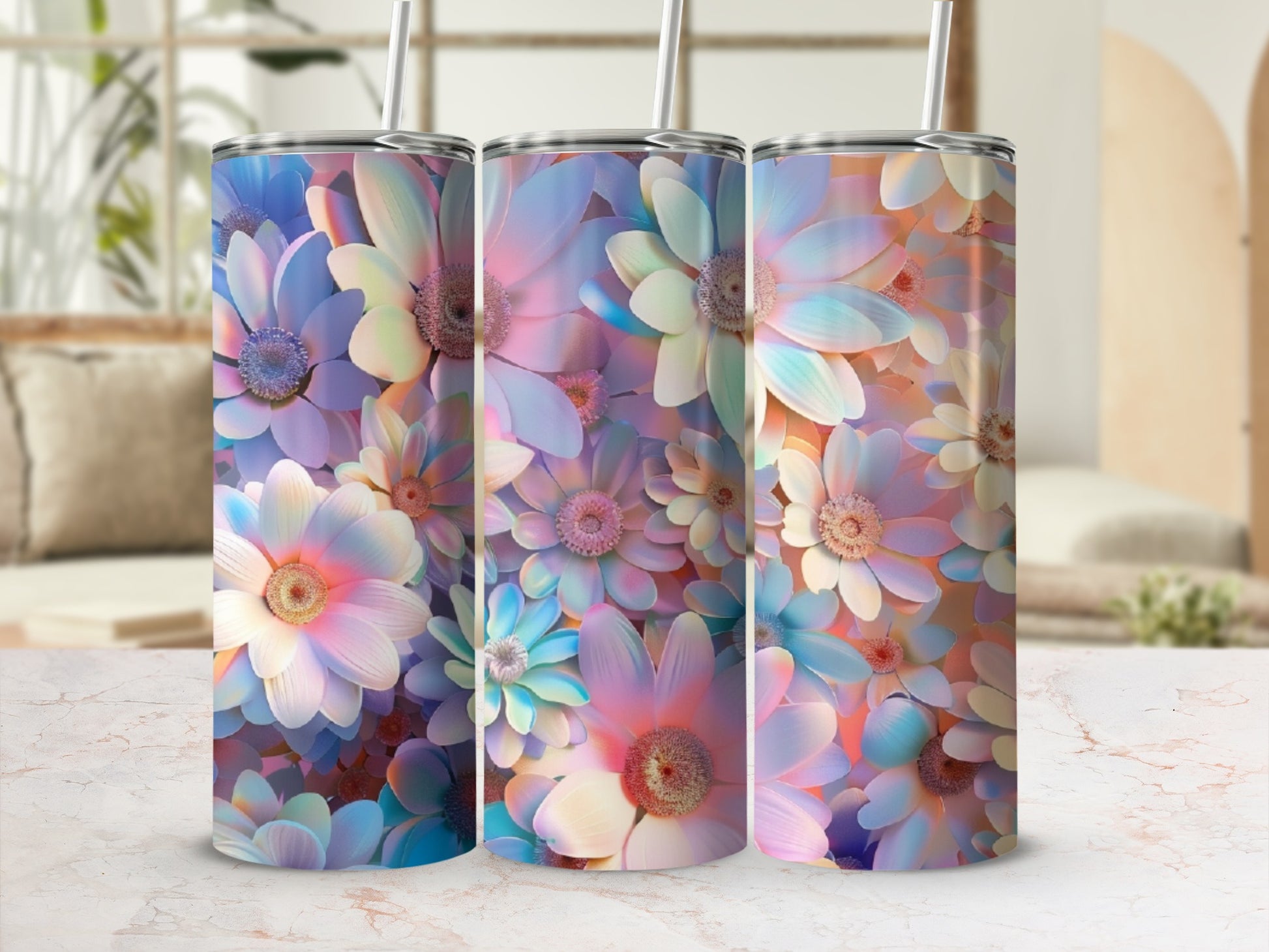 Three tumblers adorned with a pastel floral pattern.