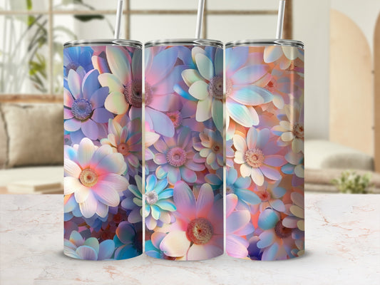 Three tumblers adorned with a pastel floral pattern.