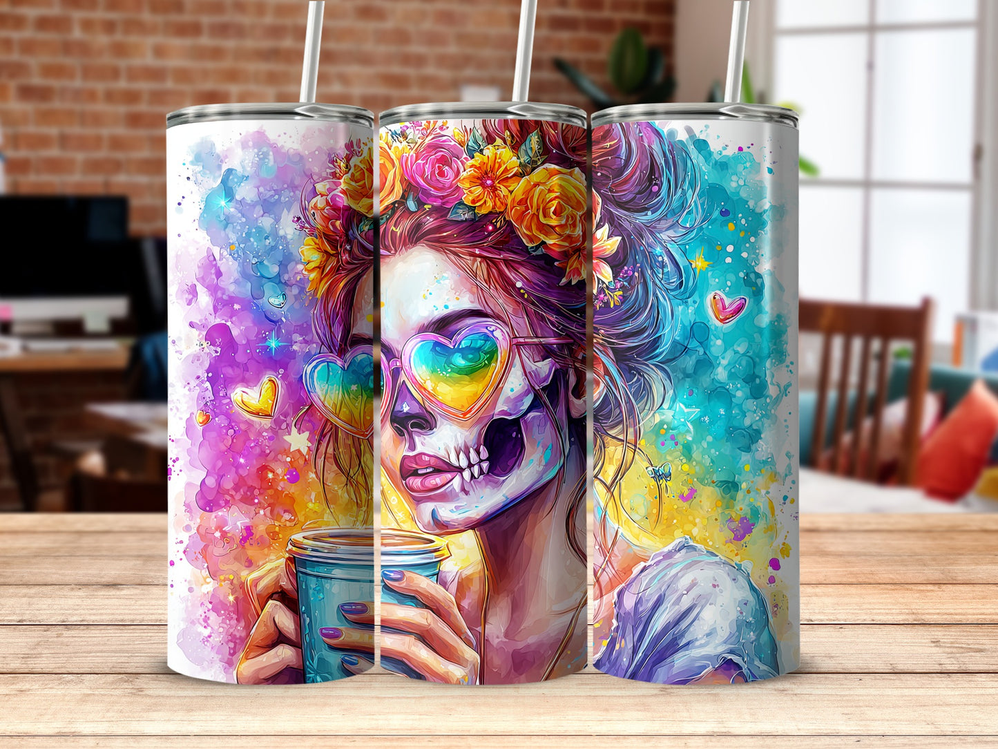 Vibrantly Artistic Skull Design with Heart Details Tumbler