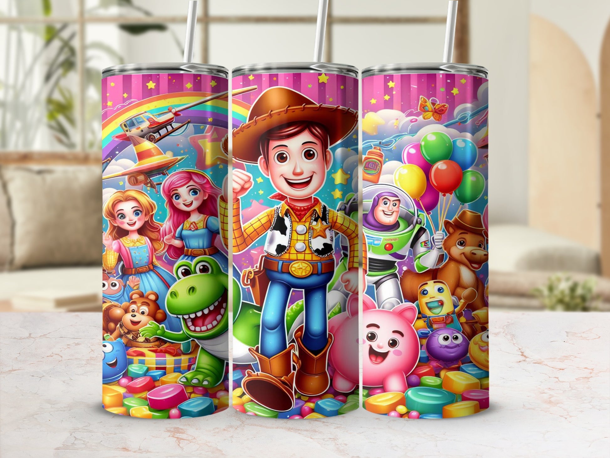 Toy Story characters Woody, Buzz Lightyear, and friends on a pink tumbler with colorful background.