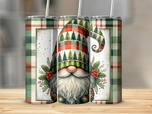 Gnome with Christmas trees and plaid design on a tumbler.
