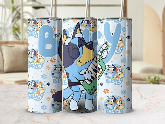 Bluey character playing guitar on a tumbler with Bluey pattern.