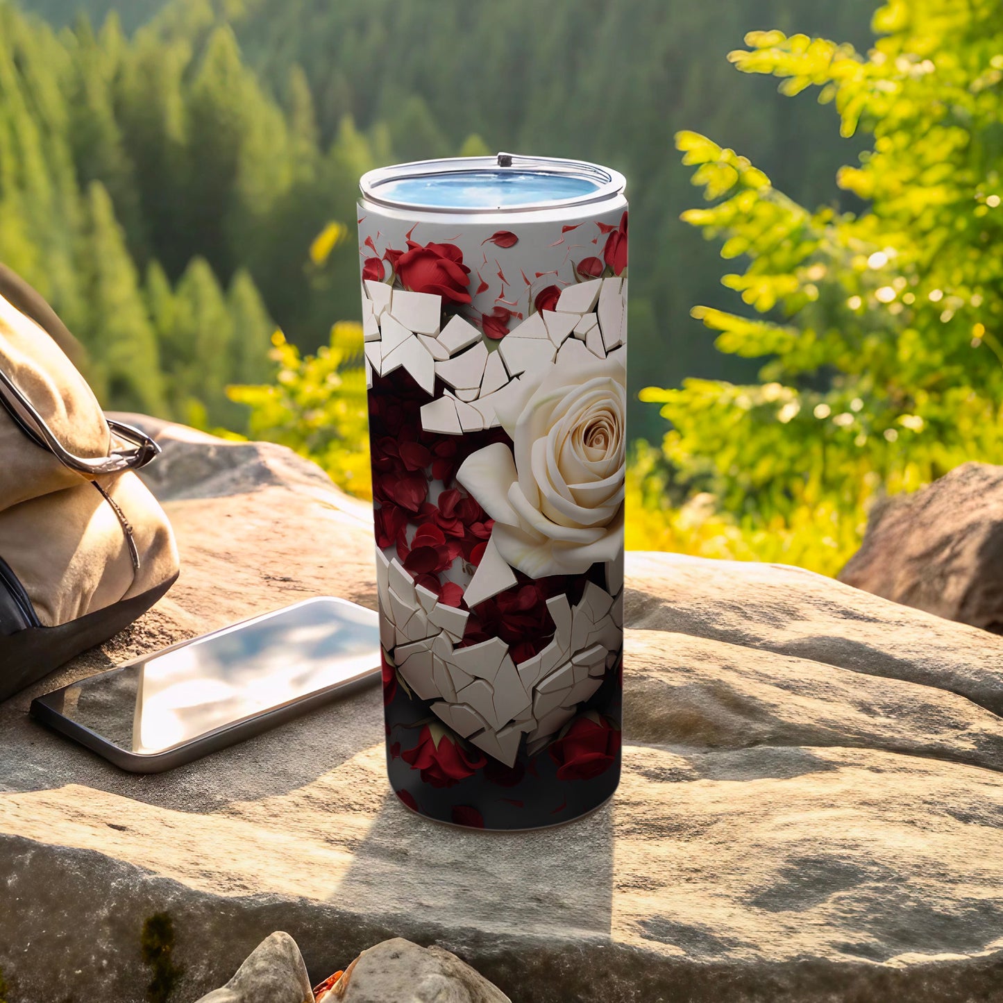 Floral Shattered Art White and Red Rose Design Tumbler