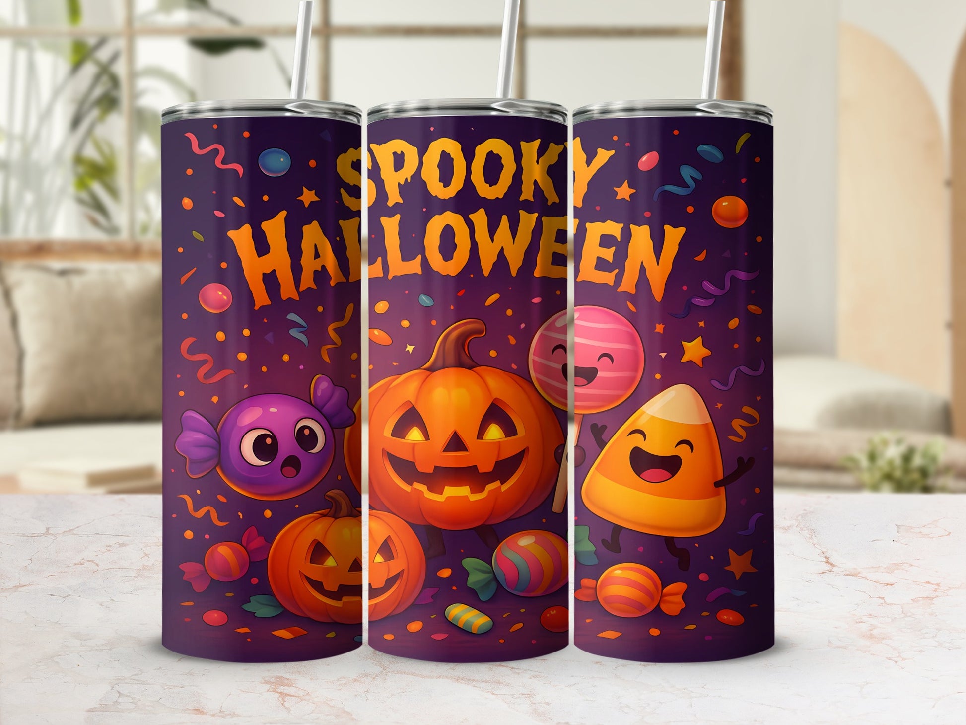 Three tumblers with a "Spooky Halloween" design featuring pumpkins and candy.