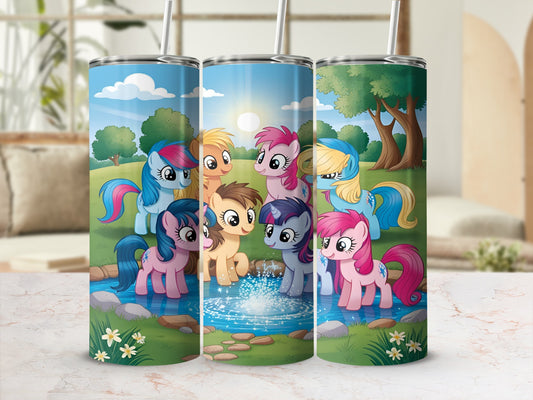 My Little Pony characters splashing in a stream under a sunny sky.
