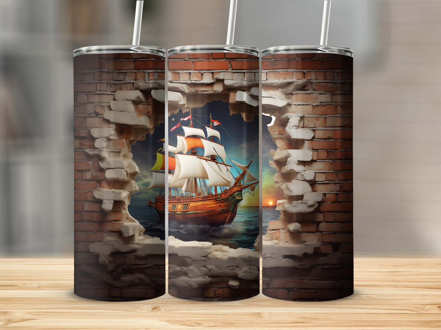 Brick Wall Broken Ship Tumbler with Straws