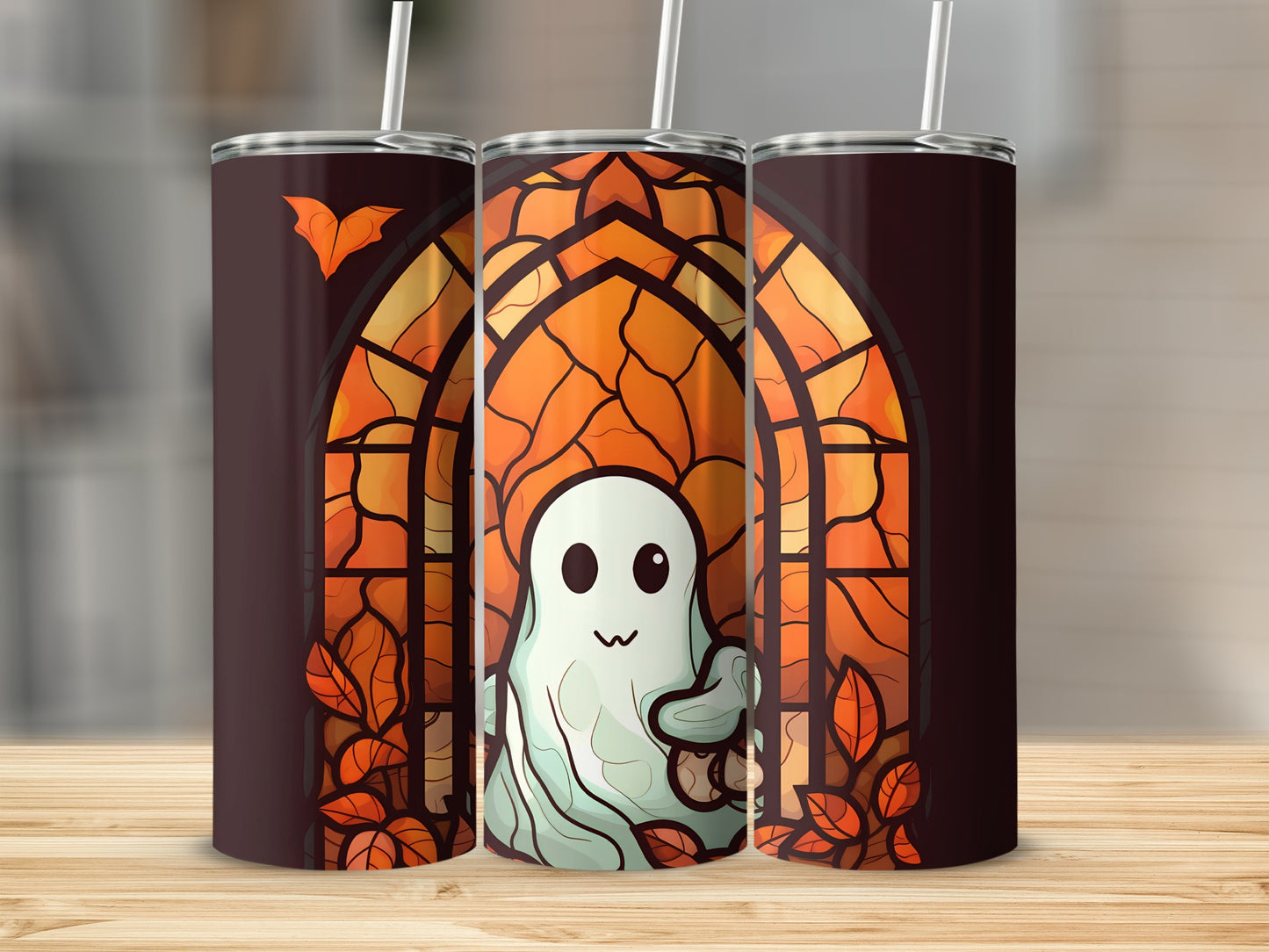 Ghost in stained glass window with autumn leaves on a tumbler.