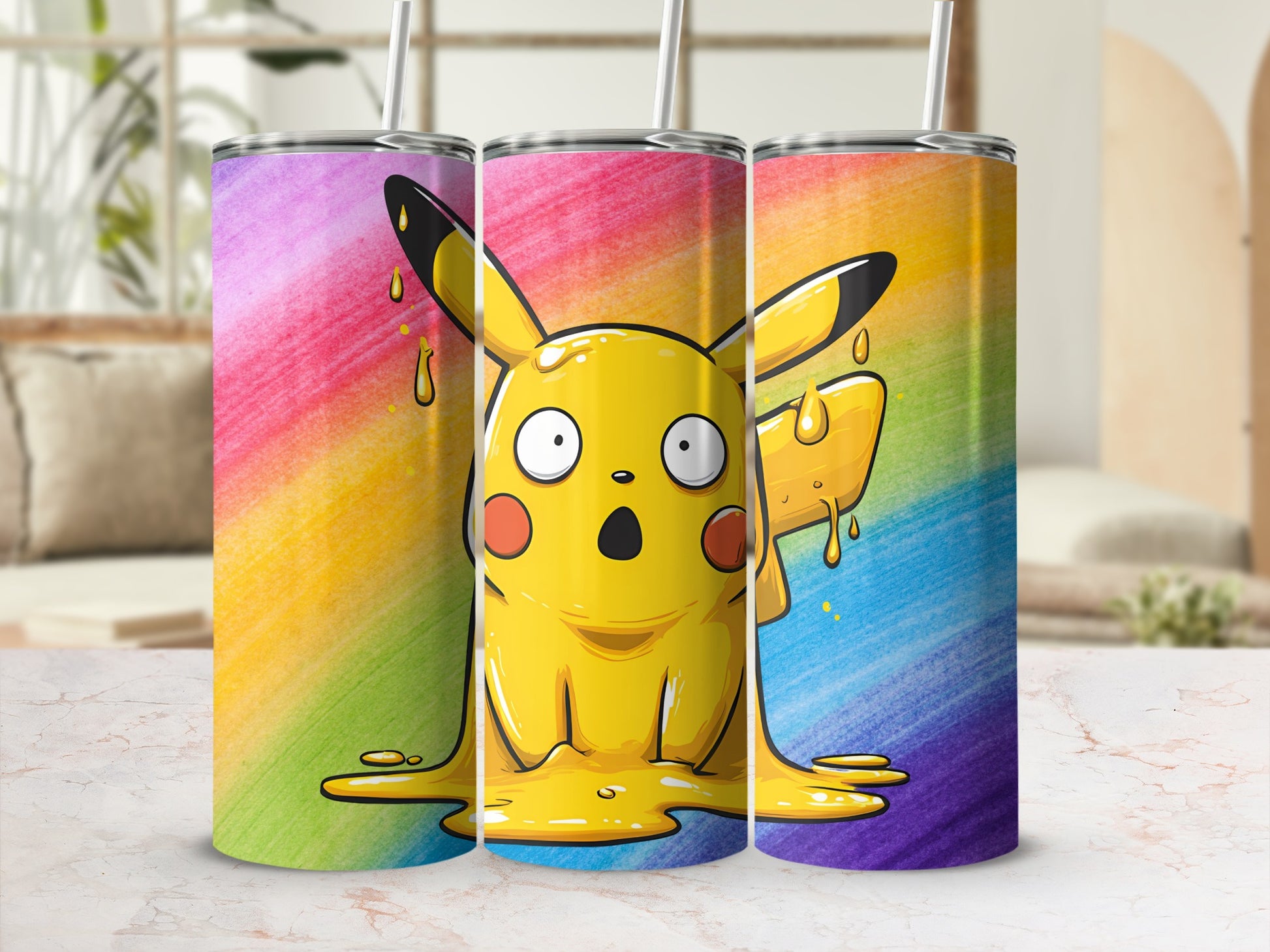 Colorful Dripping Pikachu Design Insulated Tumbler Cup