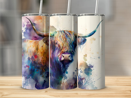 Watercolor highland cow artwork on three tumblers with straws.
