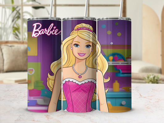 Barbie with blonde hair in a pink dress, on a tumbler.