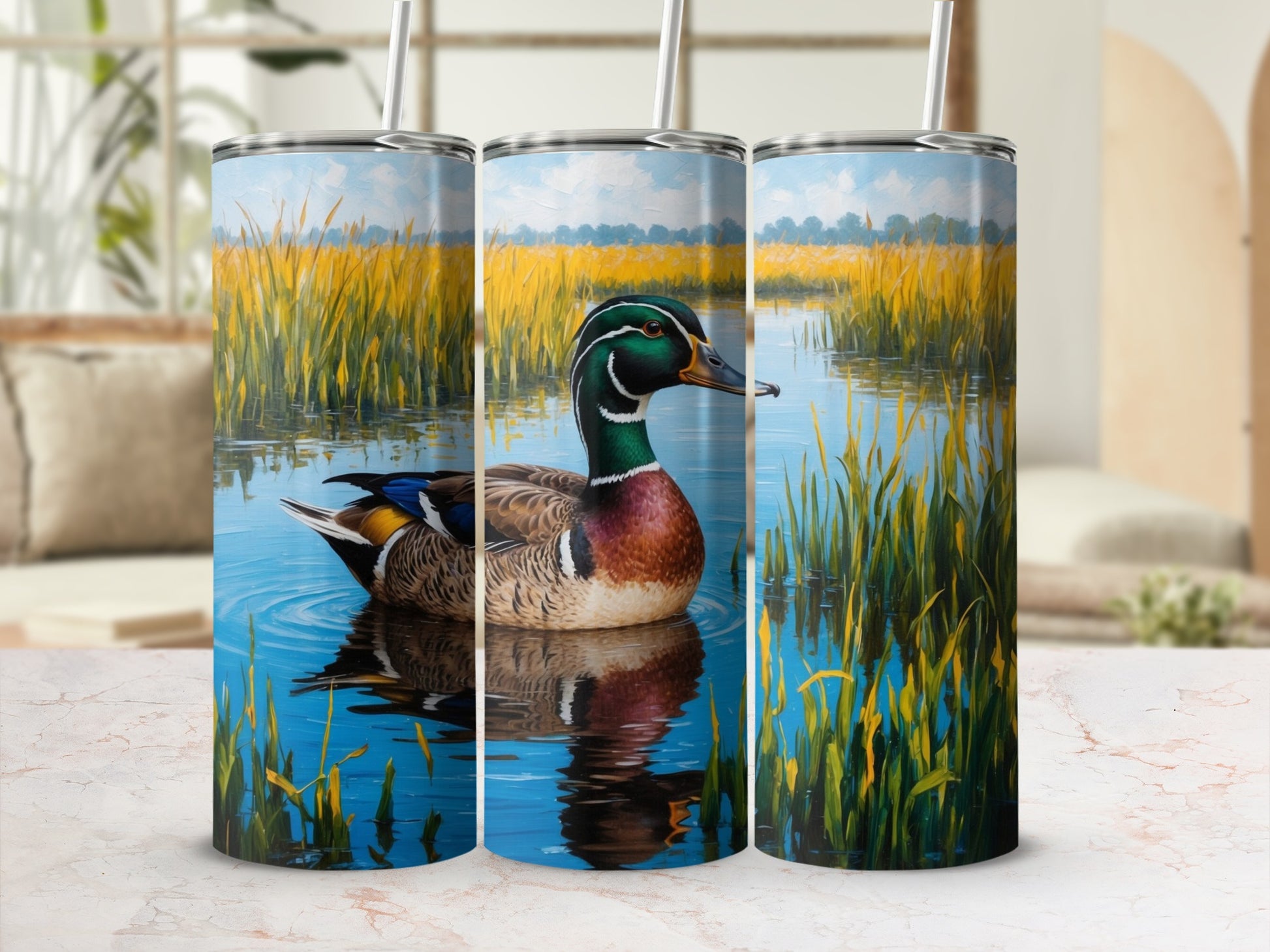 Mallard duck swimming in water with reeds and sky.