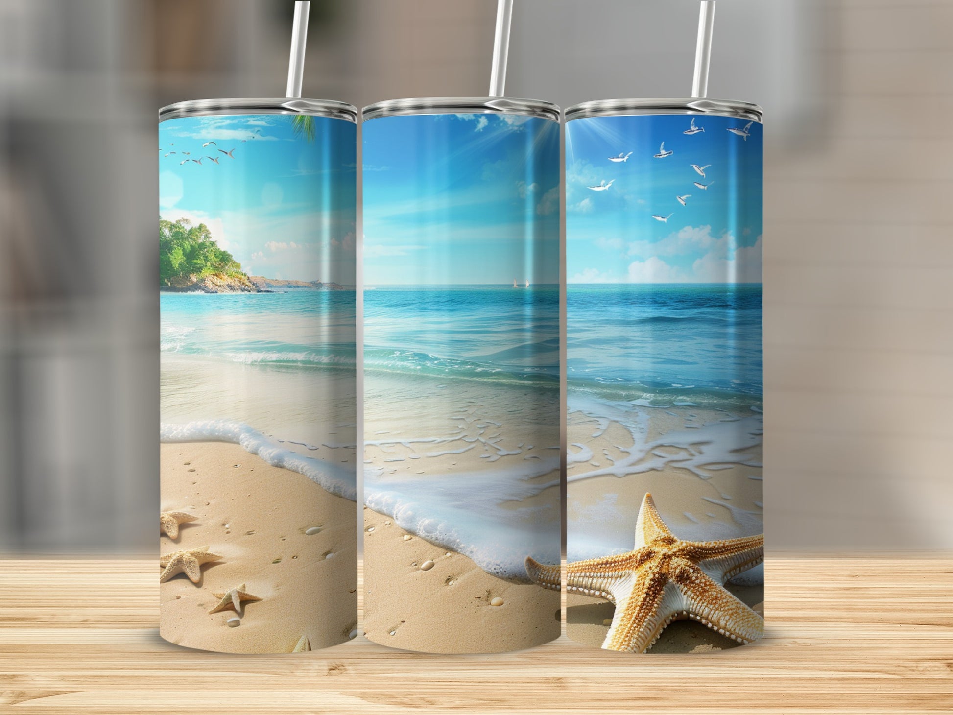 Beach scene with starfish on sand, ocean waves, and sky.