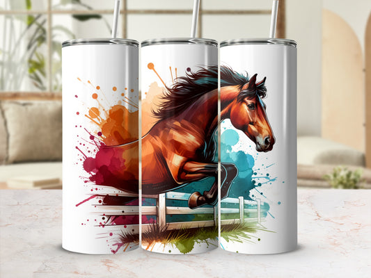 Three tumblers with a galloping horse jumping over a fence, watercolor splashes.