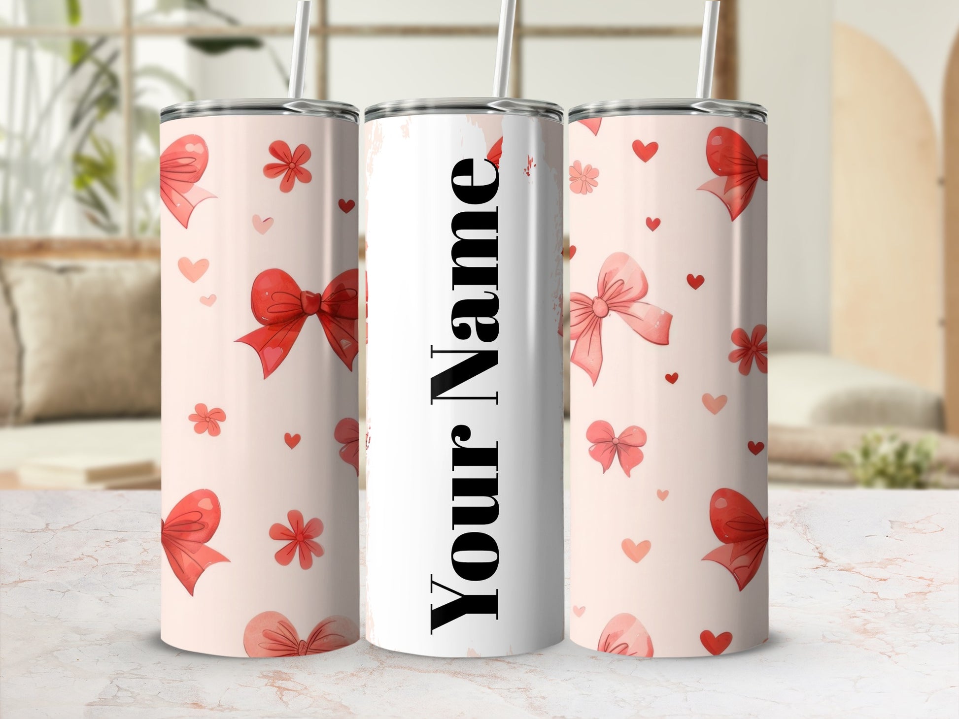 Personalized Red Bow Hearts Print Drinkware Tumblers