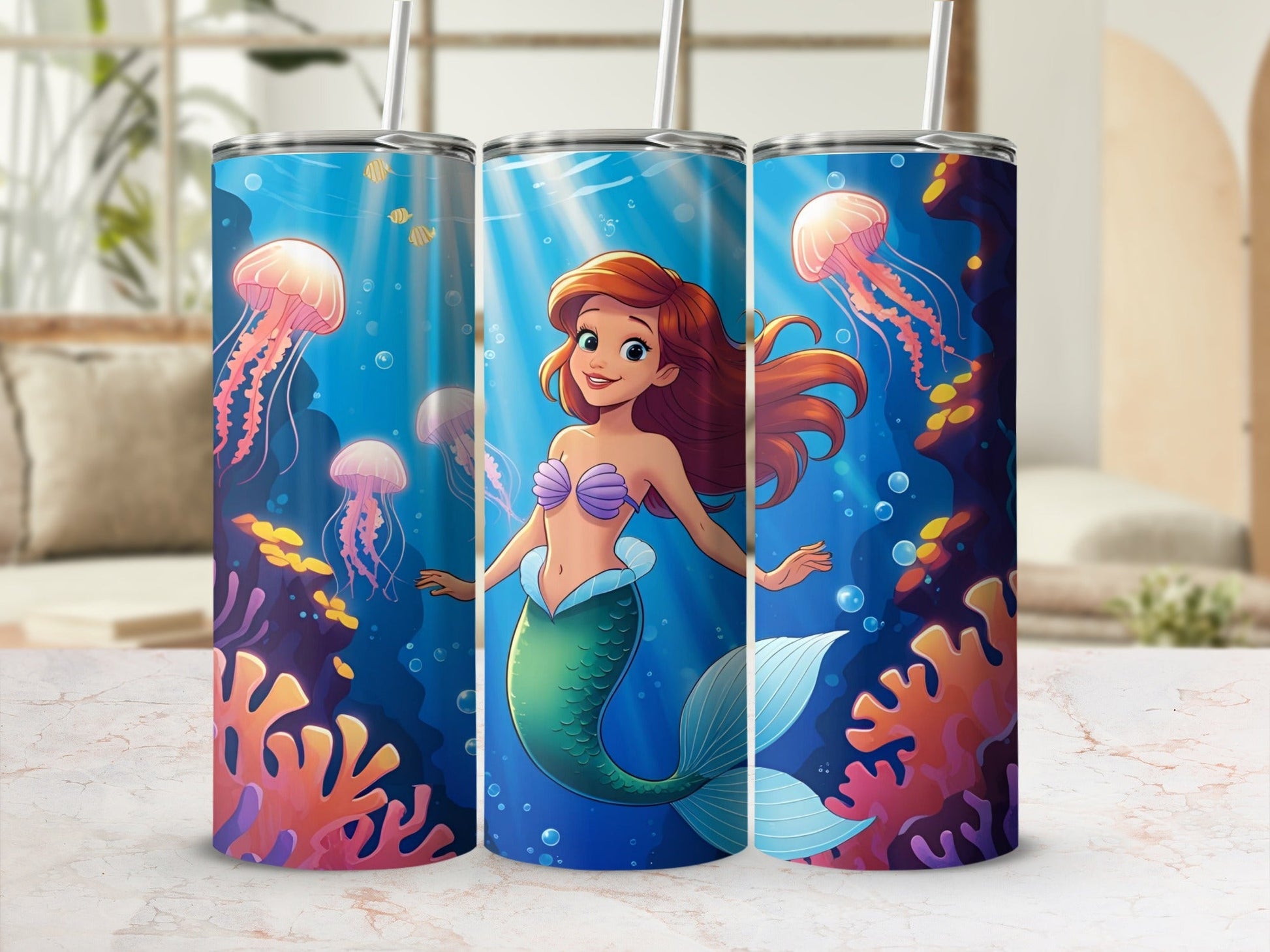 Mermaid with red hair and green tail swimming among jellyfish and coral.