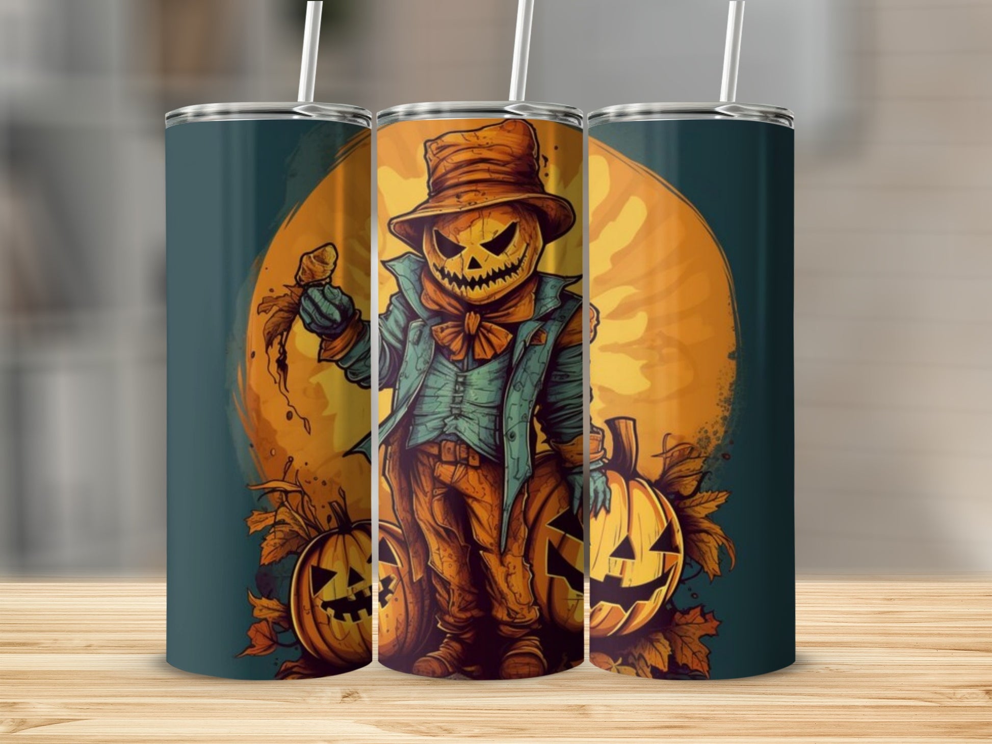 Scarecrow with jack-o'-lanterns and autumn leaves on a dark teal background.