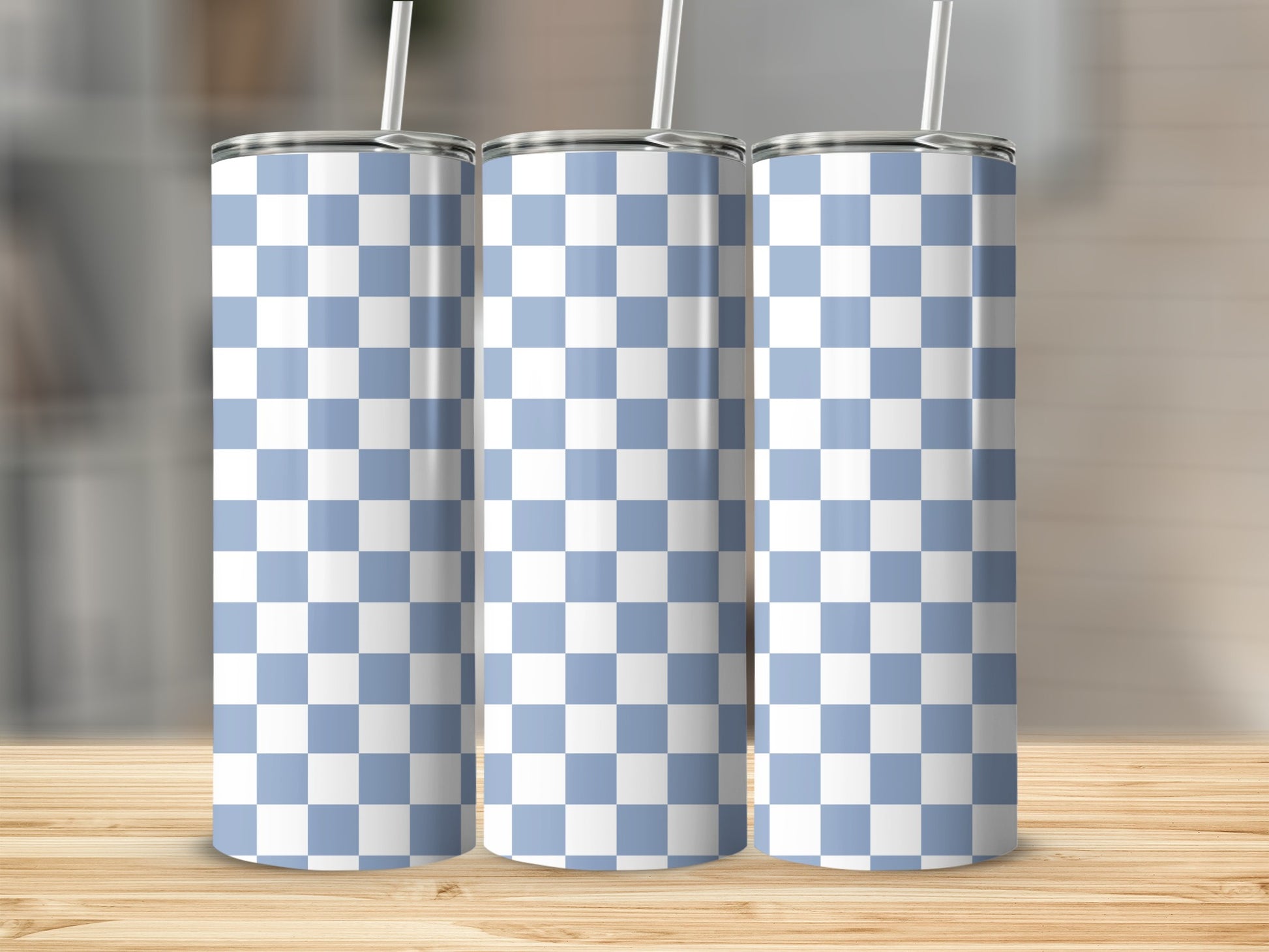 Three tall tumblers with a light blue and white checkered pattern.