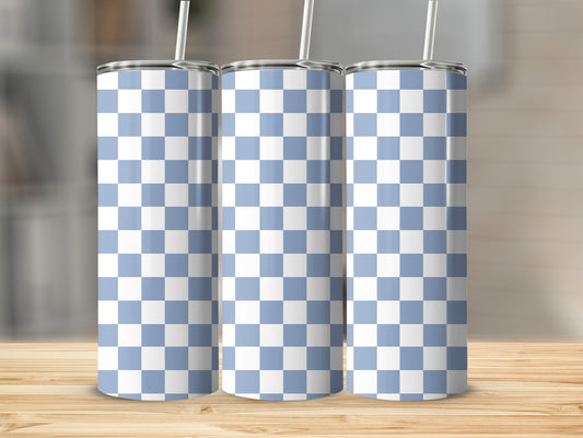 Three tall tumblers with a light blue and white checkered pattern.