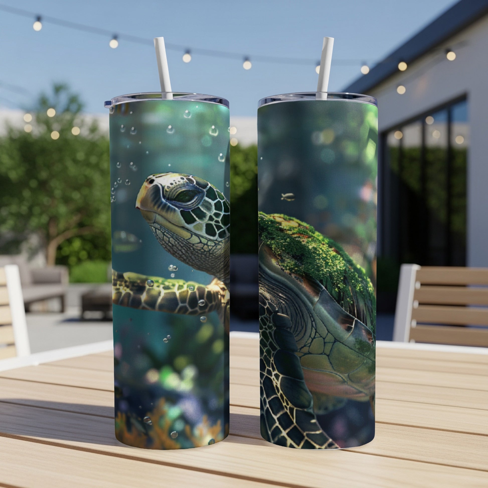 Sea turtle with coral reef details on two tumblers.